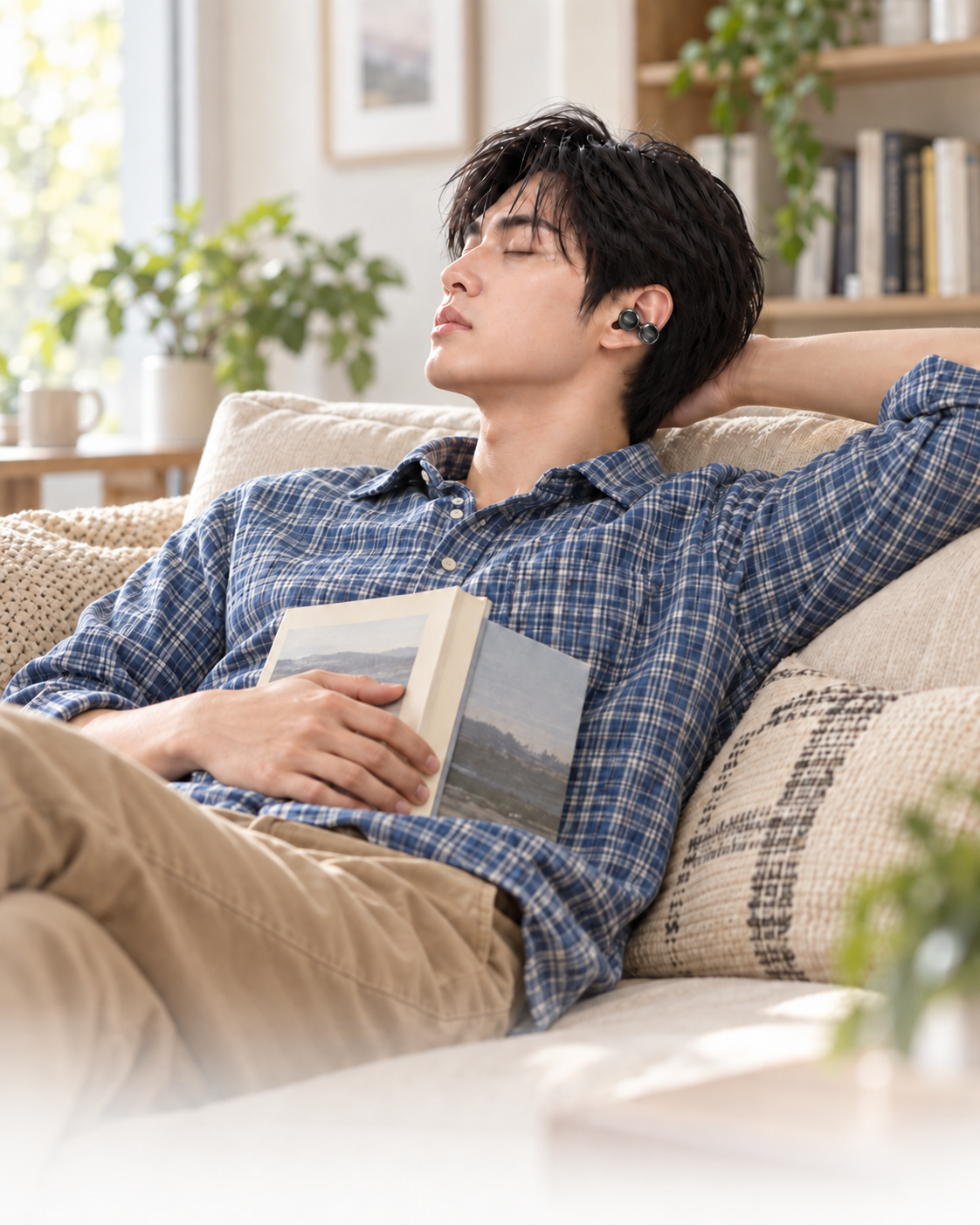 BrainBuz 클립 이어폰을 착용하고 소파에서 음악을 들으며 쉬는 남성