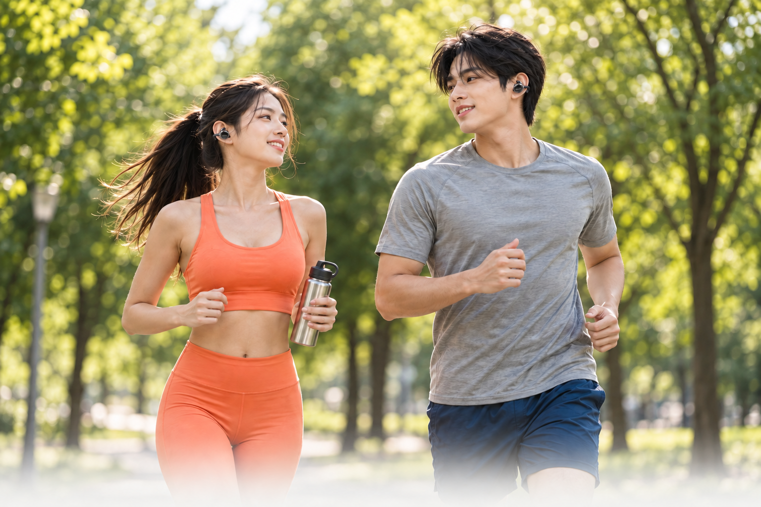 공원에서 BrainBuz 클립 이어폰을 착용하고 함께 달리는 두 사람